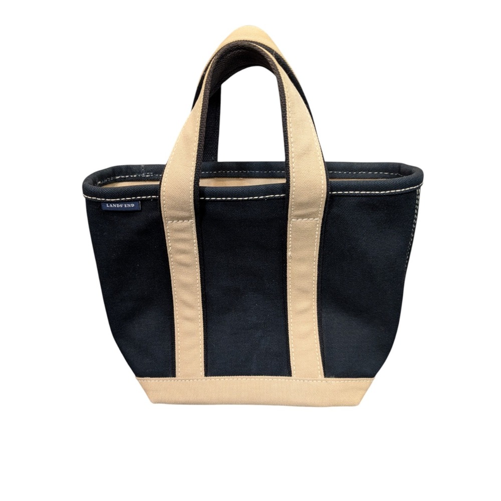 Lands End Small Canvas Tote Bag Black Tan Zip Top Handbag with Key Clip